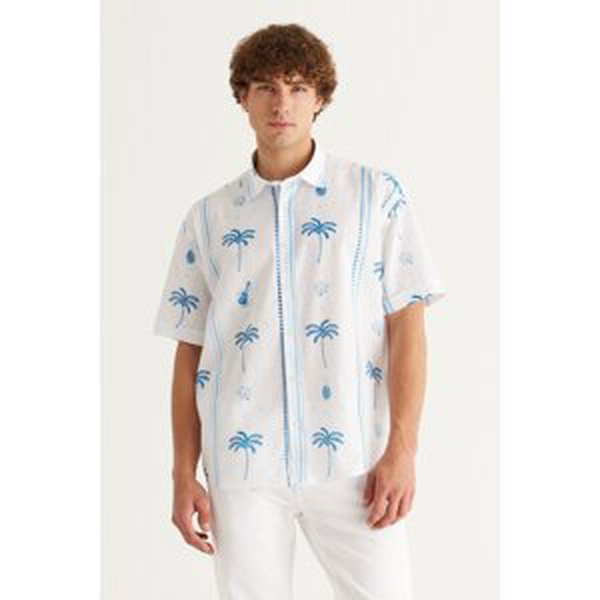 AC&Co / Altınyıldız Classics Men's White-Navy Blue Oversize Loose Cut Classic Collar 100% Cotton Printed Shirt