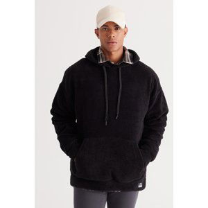 AC&Co / Altınyıldız Classics Men's Black Oversize Wide-Fit Hooded Sherpa Sweatshirt Fleece