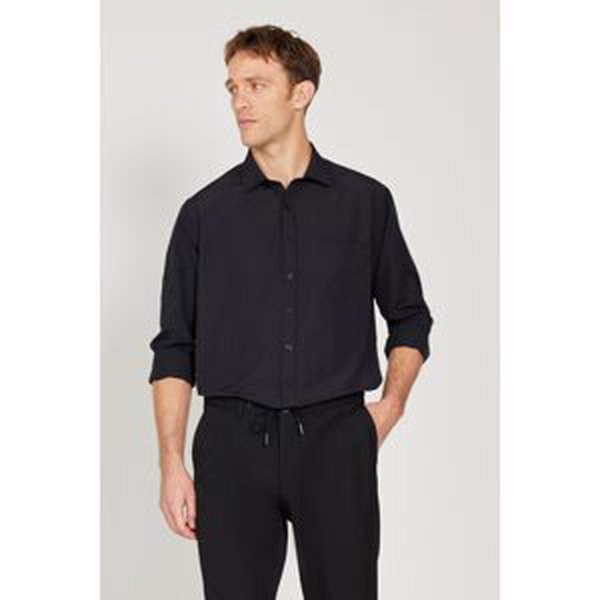 AC&Co / Altınyıldız Classics Men's Black Easy-Iron Comfort Fit Wide Cut Classic Collar Shirt