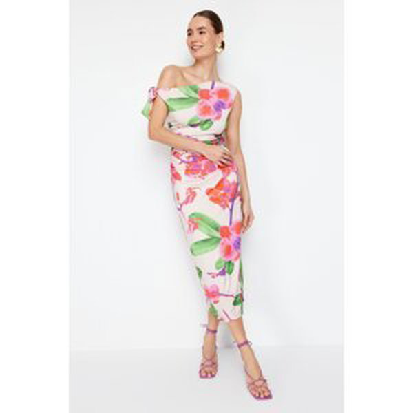 Trendyol Limited Edition Multicolor Fitted/Fitting Flower Printed Knitted Maxi Flexible Dress