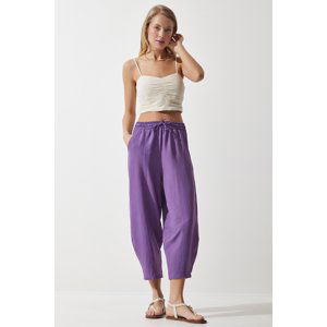 Happiness İstanbul Women's Dark Purple Pocket Linen Viscose Baggy Trousers