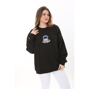 Şans Women's Plus Size Black Cotton Fabric Embroidered Sweatshirt