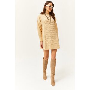 Olalook Women's Beige Block Hair Braided Knitwear Tunic Dress