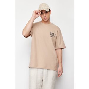 Trendyol Beige Oversize/Wide-Fit Ruffle Text Printed Label Textured Waffle T-Shirt
