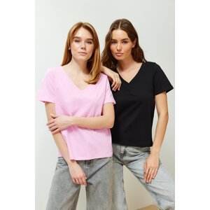 Trendyol Black-Pink Pack 100% Cotton V-Neck Knitted T-Shirt