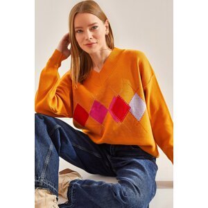 Bianco Lucci Women's V-Neck Diamond Pattern Knitwear Sweater