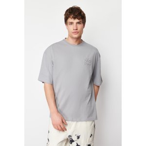 Trendyol Gray Oversize Relief Printed 100% Cotton T-Shirt