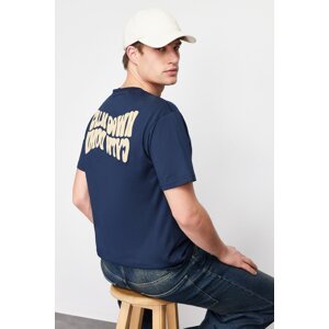 Trendyol Navy Blue Relaxed/Comfortable Cut Ribbed Text Back Printed 100% Cotton T-shirt