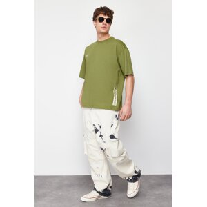 Trendyol Khaki Oversize Text Printed 100% Cotton T-Shirt