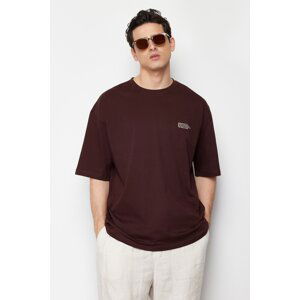 Trendyol Brown Oversize 100% Cotton Crew Neck Minimal Text Printed T-Shirt