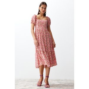 Trendyol Pink Floral Waist Opening Viscose Gimped Midi Woven Dress