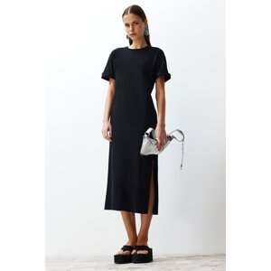 Trendyol Black 100% Cotton Slit Detailed Shift/Comfortable Cut Midi Knitted Midi Dress