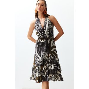 Trendyol Tropical Patterned Belted Maxi Woven Ruffle 100% Cotton Beach Dress