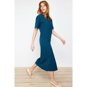 Trendyol Petrol 100% Cotton Slit Detailed Shift/Comfortable Cut Mid Knitted Midi Dress