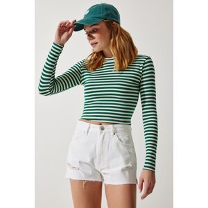 Happiness İstanbul Women's Dark Green Crew Neck Striped Crop Knitted Blouse