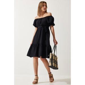 Happiness İstanbul Women's Black Carmen Collar Belted Summer Muslin Dress