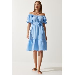 Happiness İstanbul Women's Sky Blue Carmen Collar Belted Summer Muslin Dress