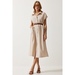 Happiness İstanbul Women's Cream Belted Woven Dress