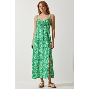 Happiness İstanbul Women's Green Strap Patterned Viscose Dress