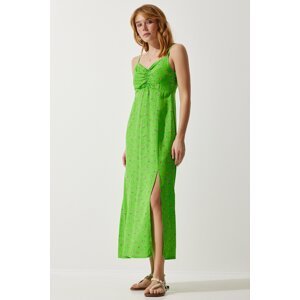 Happiness İstanbul Women's Peanut Green Strappy Patterned Viscose Dress