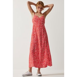 Happiness İstanbul Women's Red Strap Patterned Viscose Dress