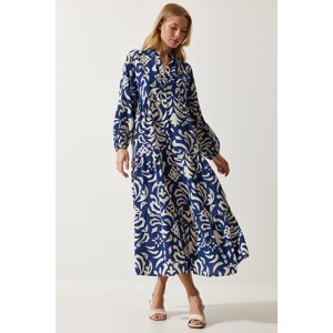 Happiness İstanbul Women's Navy Blue Cream Patterned Buttoned Summer Viscose Dress