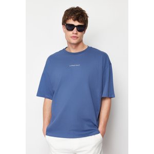 Trendyol Indigo Oversize 100% Cotton Embroidered Text T-Shirt