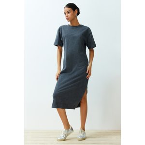 Trendyol Anthracite 100% Cotton Distressed Effect Slit Shift/Comfortable Fit Knitted Midi Dress