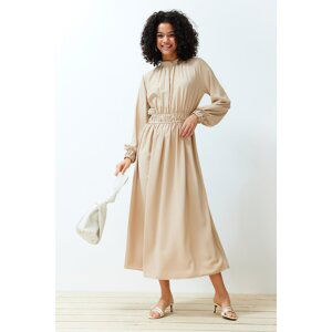 Trendyol Beige Stand Collar Waist and Sleeve Gather Detailed Woven Dress