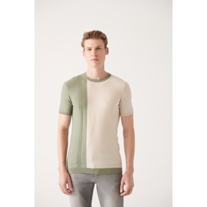 Avva Men's Aqua Green Crew Neck Color Block Ribbed Regular Fit Knitwear T-shirt