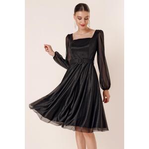 By Saygı Square Neck Belted Balloon Sleeve Lined Silvery Dress