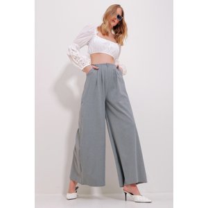 Trend Alaçatı Stili Women's Gray High Waist Darted Wide Leg Front Zipper Trousers