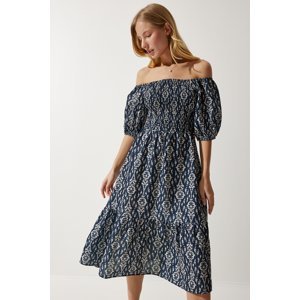 Happiness İstanbul Women's Navy Blue Cream Patterned Summer Woven Dress