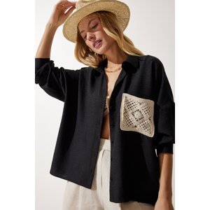 Happiness İstanbul Women's Black Lace Detailed Linen Shirt