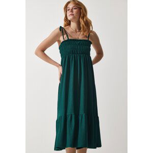 Happiness İstanbul Women's Emerald Green Strappy Crinkle Summer Knitted Dress