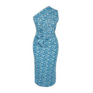 Trendyol Curve Blue Printed Fitted One-Shoulder Asymmetric Gathering and Detail Knitted Dress