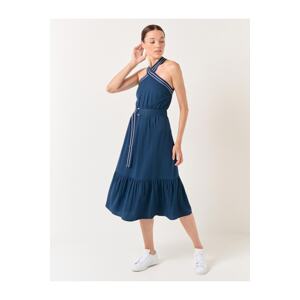 Jimmy Key Navy Blue Cross Neck Belted Midi Dress