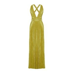 Trendyol Oil Green Pleated Sash Detailed Knitted Long Evening Dress