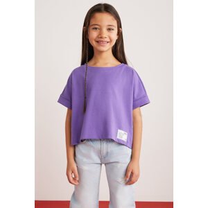 GRIMELANGE Verena Girl's 100% Cotton Double Sleeve Ornamental Label Purple T-shir