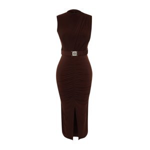 Trendyol Dark Brown Fitted/Sleeveless Sleeveless Draped Detail Belt Midi Knitted Dress