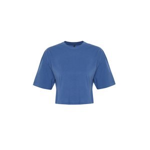 Trendyol Indigo 100% Cotton Crop Knitted T-Shirt with Pockets and Embroidery Detail