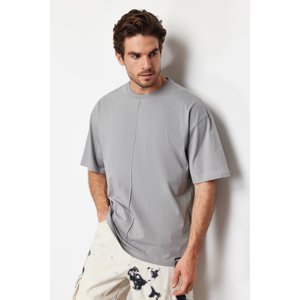Trendyol Gray Oversize Stitch Detail 100% Cotton T-Shirt