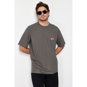 Trendyol Anthracite Oversize Printed Embroidery 100% Cotton T-Shirt