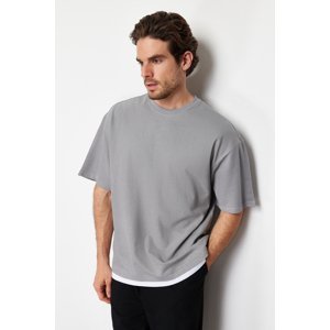 Trendyol Gray Oversize Piece Detailed Textured 100% Cotton T-Shirt