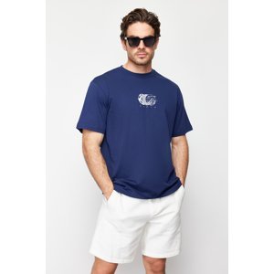 Trendyol Navy Blue Relaxed/Comfortable Cut Printed 100% Cotton T-Shirt