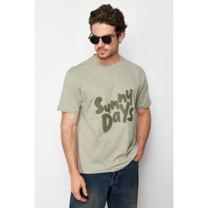 Trendyol Green Relaxed/Comfortable Cut Crew Neck Text Embroidery 100% Cotton T-Shirt