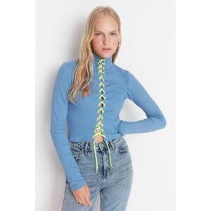 Trendyol Blue Corded Tie Detailed Fitted Knitted Blouse