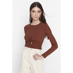 Trendyol Brown Fitted Crew Neck Ribbed Cotton Stretch Knitted Blouse