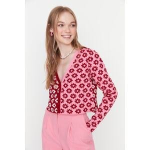 Trendyol Red Patterned Button Detailed Crop Knitwear Cardigan
