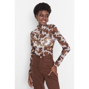 Trendyol Brown High Neck Tulle Knitted Blouse